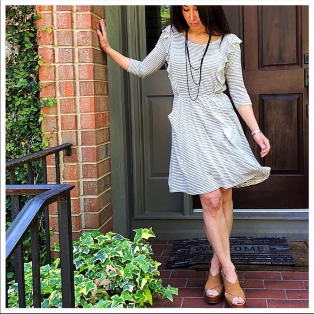 Striped Ruffle 3/4 Sleeve Dress